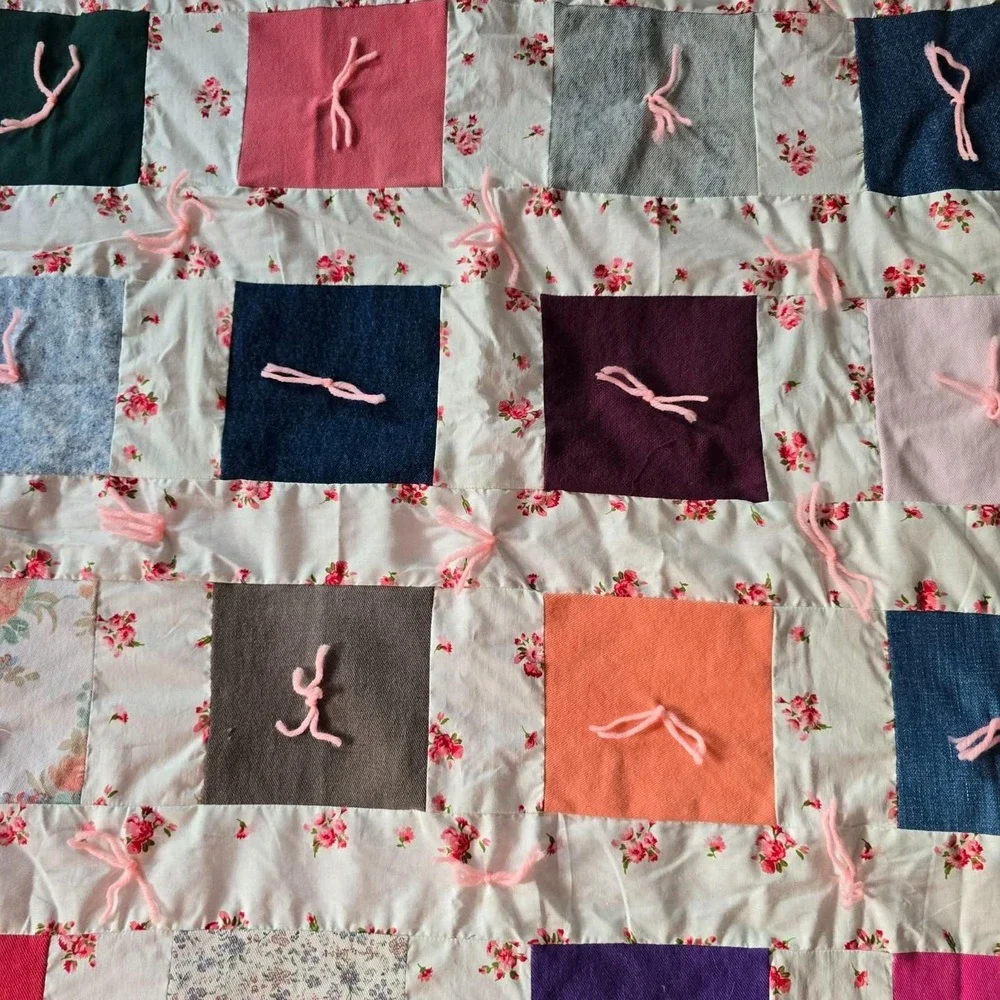 Handmade Tied Patchwork Quilt 43x39 Floral Pink Gingham Kid/Small Lap Blanket